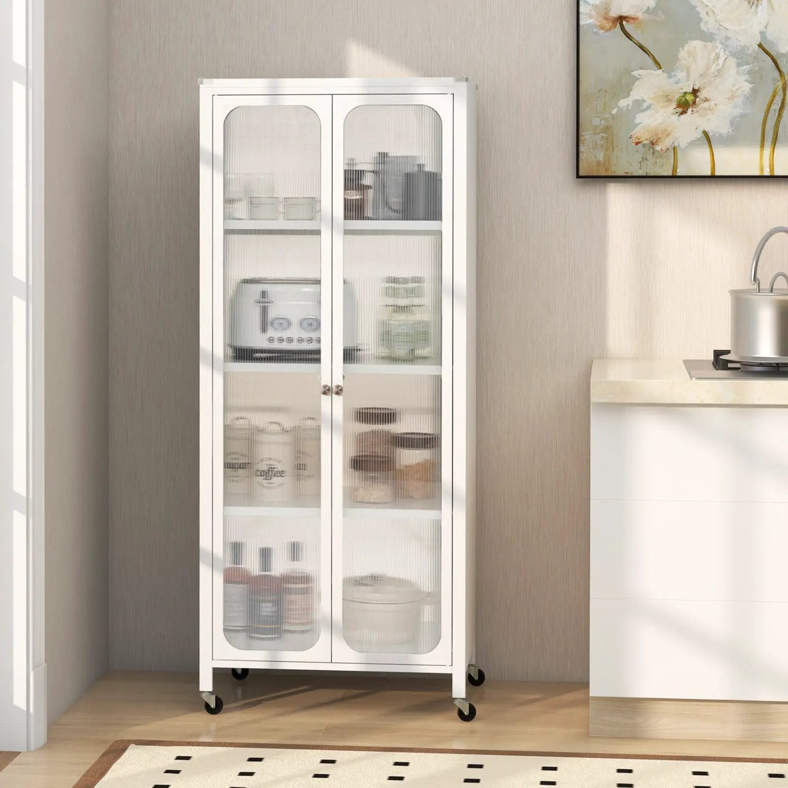 Glass Doors Storage Cabinet with Wheels and Adjustable Shelves-White by DirectDeals