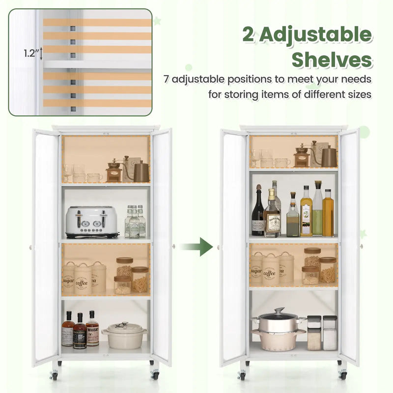 Glass Doors Storage Cabinet with Wheels and Adjustable Shelves-White by DirectDeals