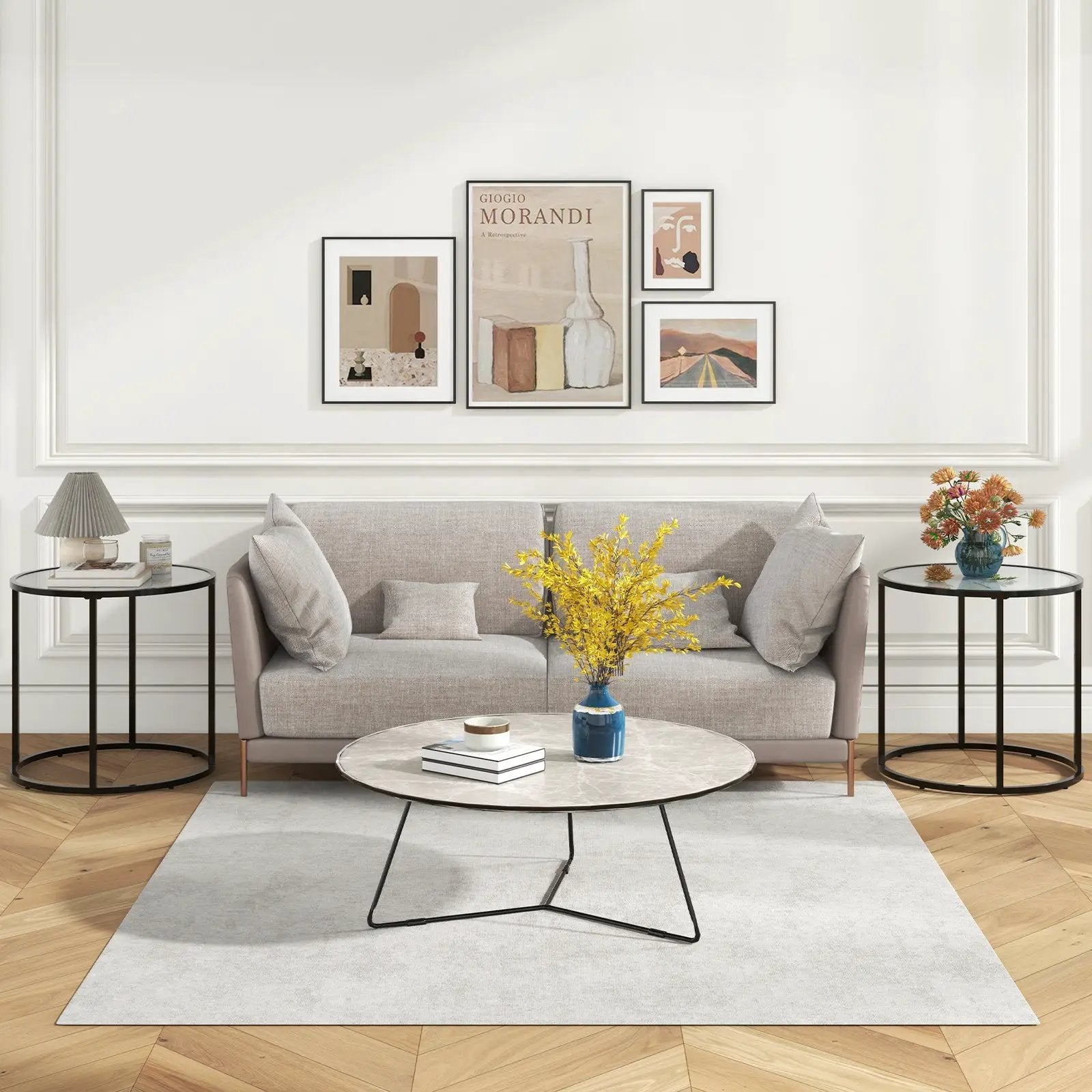 20 Inch Glass End Table with Metal Frame and Faux Marble Glass Top-Black and White by DirectDeals