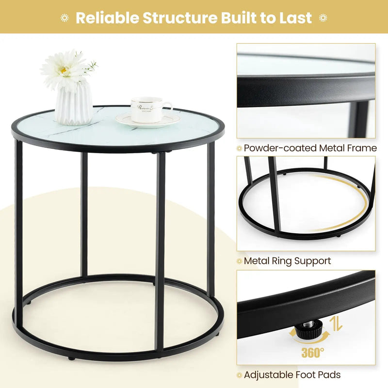 20 Inch Glass End Table with Metal Frame and Faux Marble Glass Top-Black and White by DirectDeals