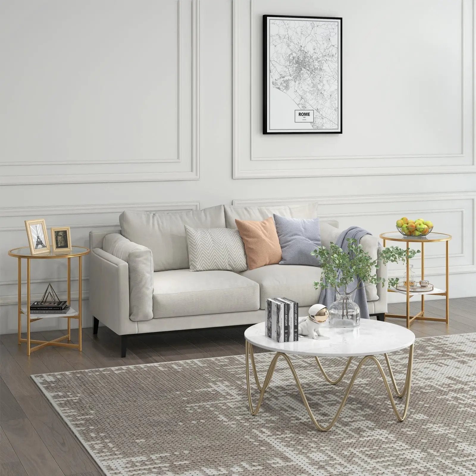2-Tier Glass End Table Set of 2 with Faux Marble Storage Shelf-White by DirectDeals