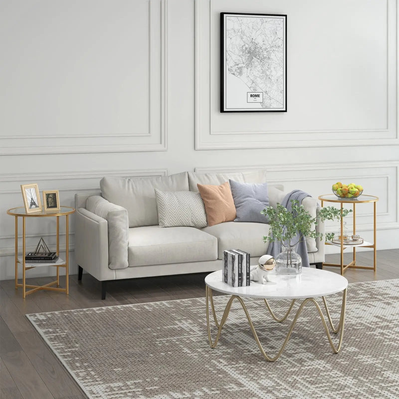 2-Tier Glass End Table Set of 2 with Faux Marble Storage Shelf-White by DirectDeals