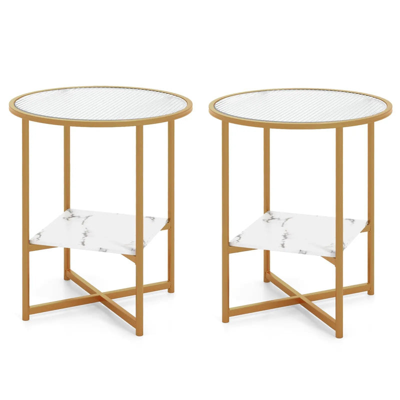 2-Tier Glass End Table Set of 2 with Faux Marble Storage Shelf-White by DirectDeals