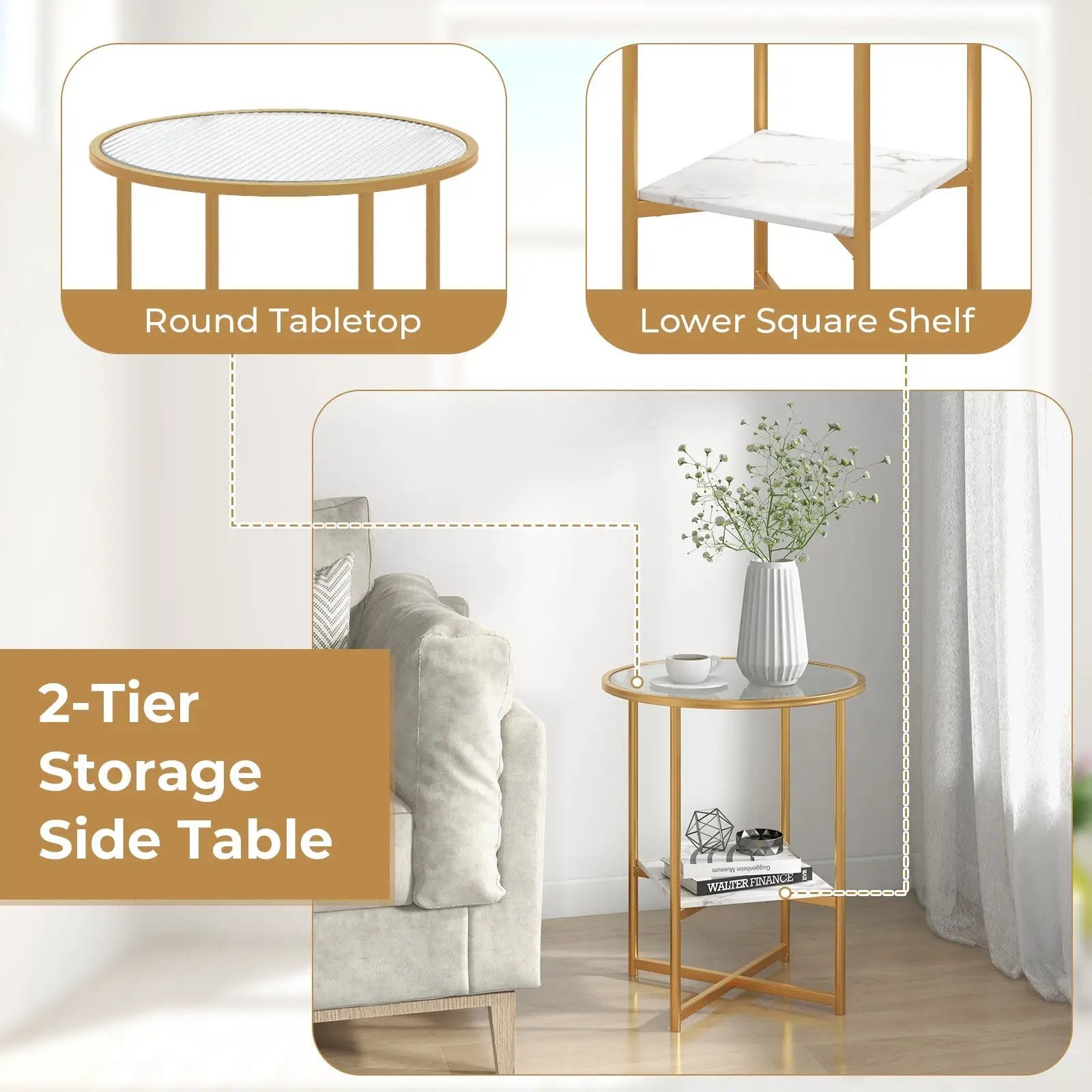 2-Tier Glass End Table Set of 2 with Faux Marble Storage Shelf-White by DirectDeals