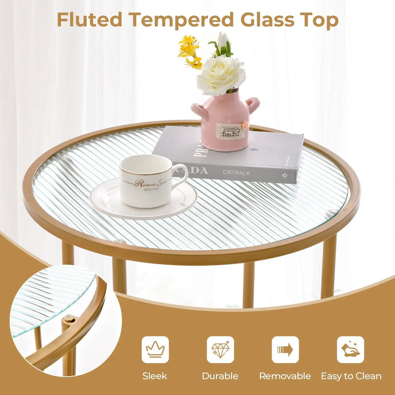 2-Tier Glass End Table Set of 2 with Faux Marble Storage Shelf-White by DirectDeals