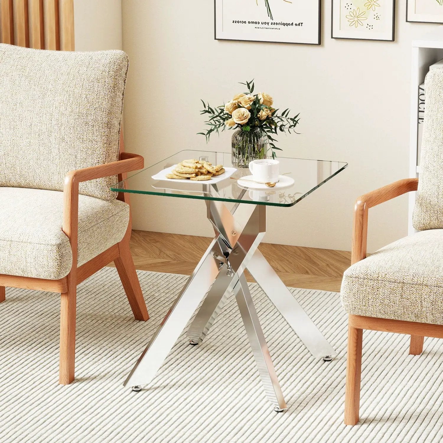 Glass Side Table Square End Table with Tempered Glass Top and Metal X Base-Silver by DirectDeals