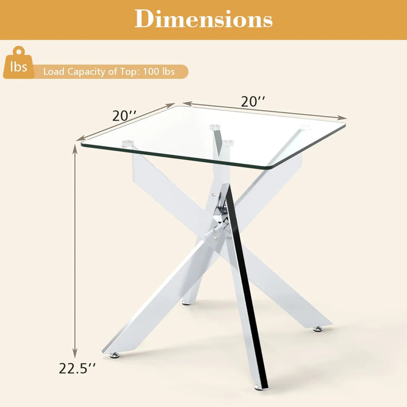 Glass Side Table Square End Table with Tempered Glass Top and Metal X Base-Silver by DirectDeals