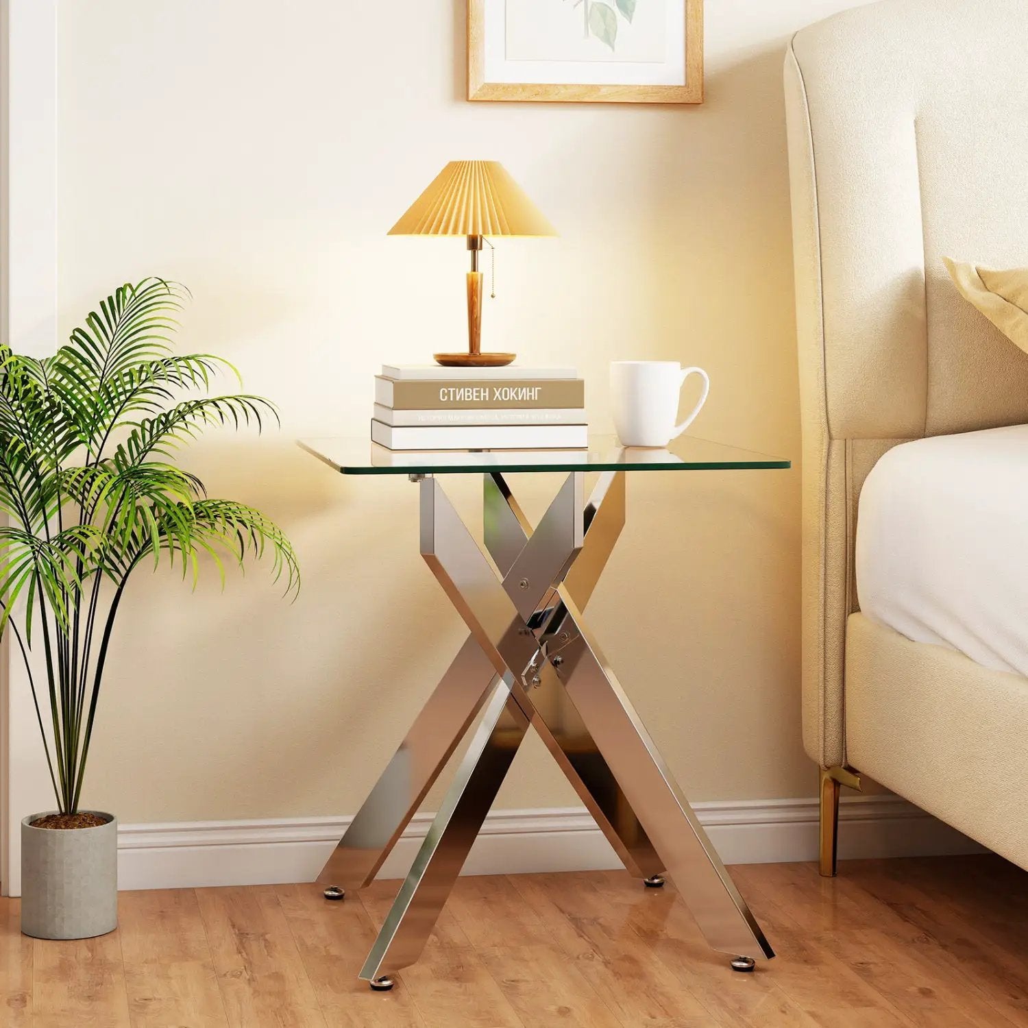 Glass Side Table Square End Table with Tempered Glass Top and Metal X Base-Silver by DirectDeals