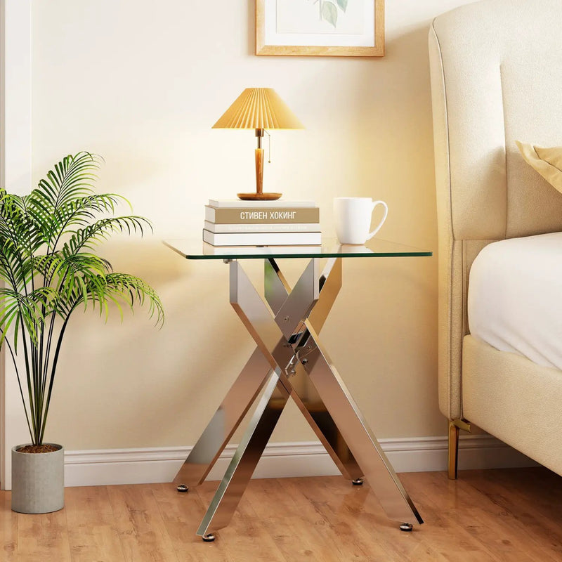Glass Side Table Square End Table with Tempered Glass Top and Metal X Base-Silver by DirectDeals