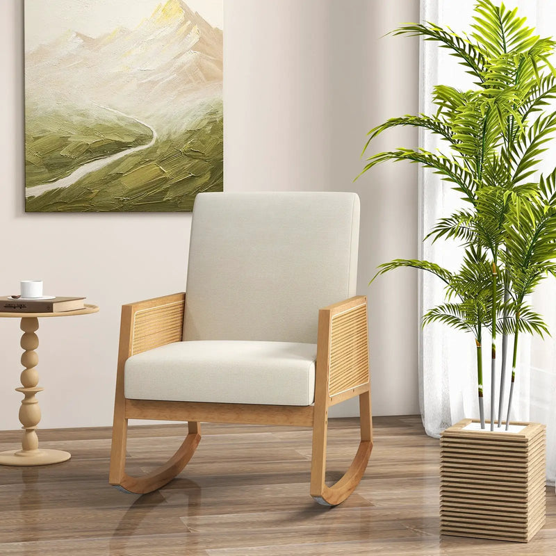 Rocking Chair with Rattan Armrests and Upholstered Cushion-Beige by DirectDeals