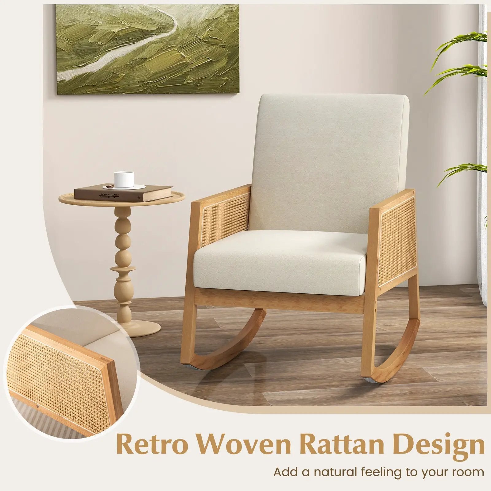 Rocking Chair with Rattan Armrests and Upholstered Cushion-Beige by DirectDeals