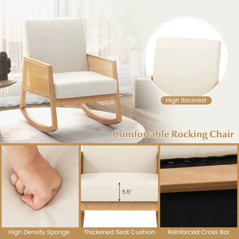 Rocking Chair with Rattan Armrests and Upholstered Cushion-Beige by DirectDeals