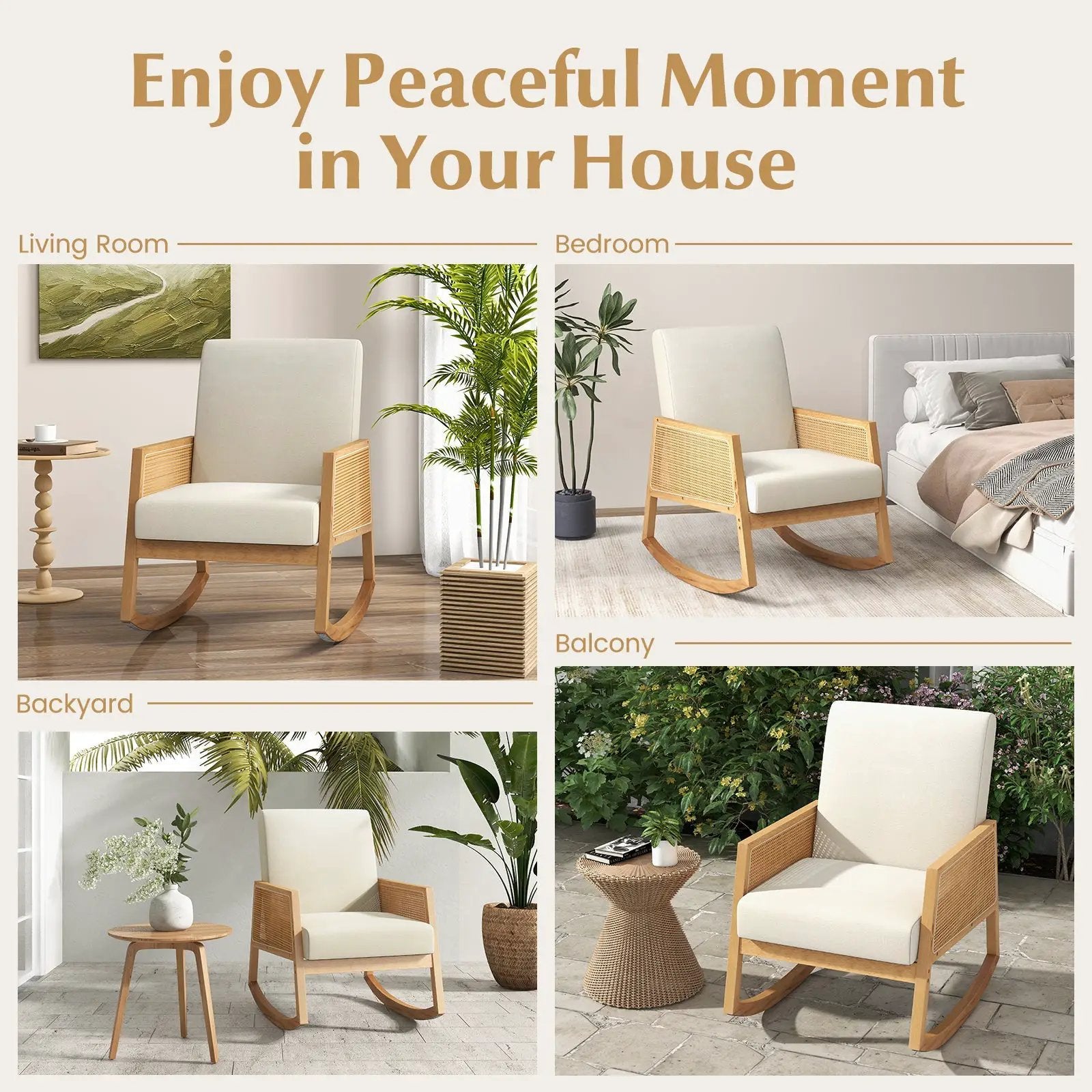 Rocking Chair with Rattan Armrests and Upholstered Cushion-Beige by DirectDeals