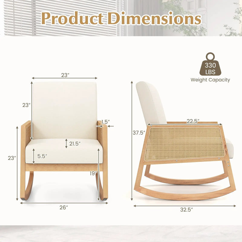 Rocking Chair with Rattan Armrests and Upholstered Cushion-Beige by DirectDeals