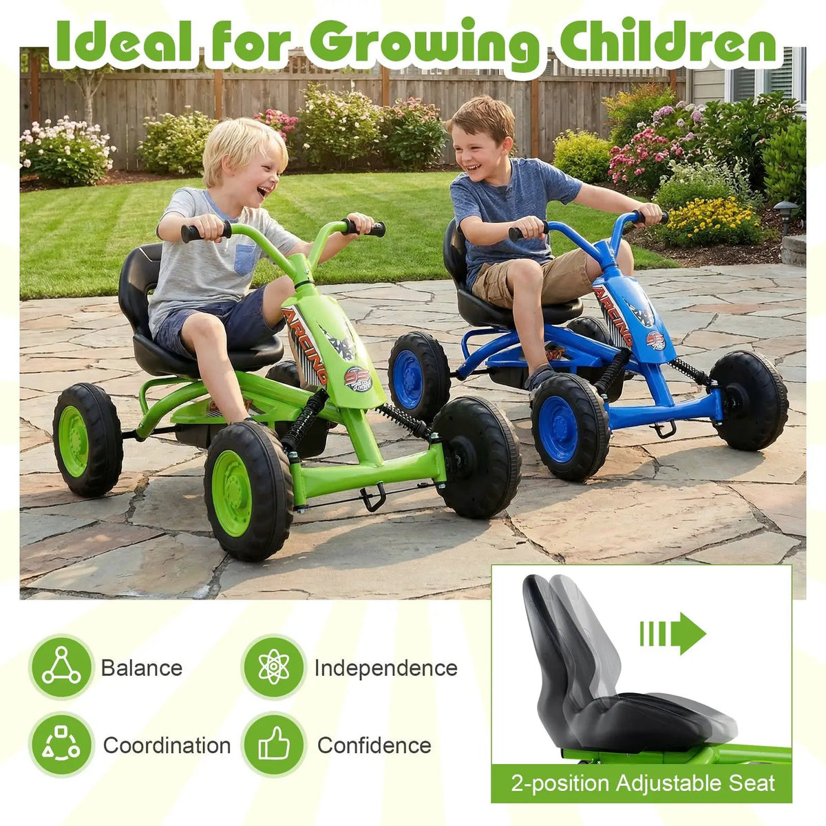Go Kart for Kids 4 Wheel with Steering Handlebars and Adjustable Seat by DirectDeals