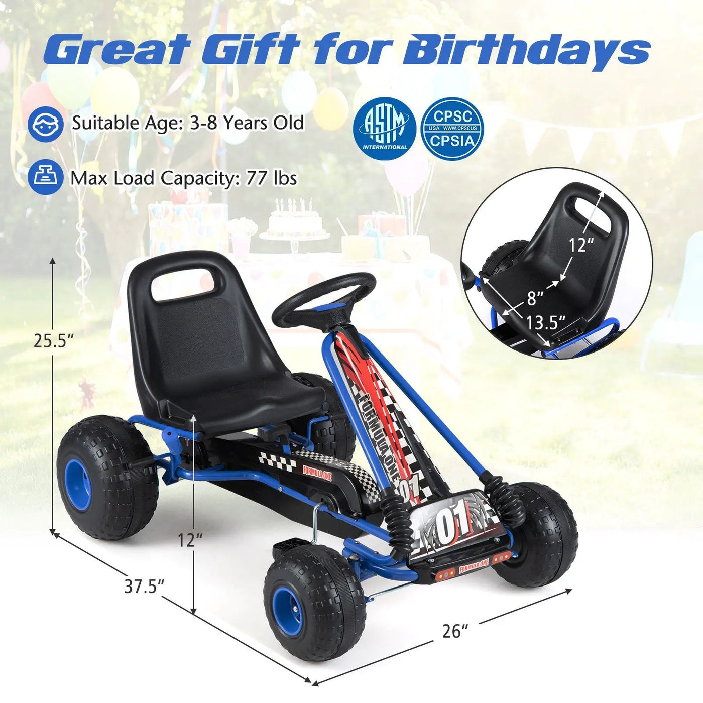 Go Kart for Kids 4 Wheels Pedal with Adjustable Seat and Multi-Terrain Wheels by DirectDeals