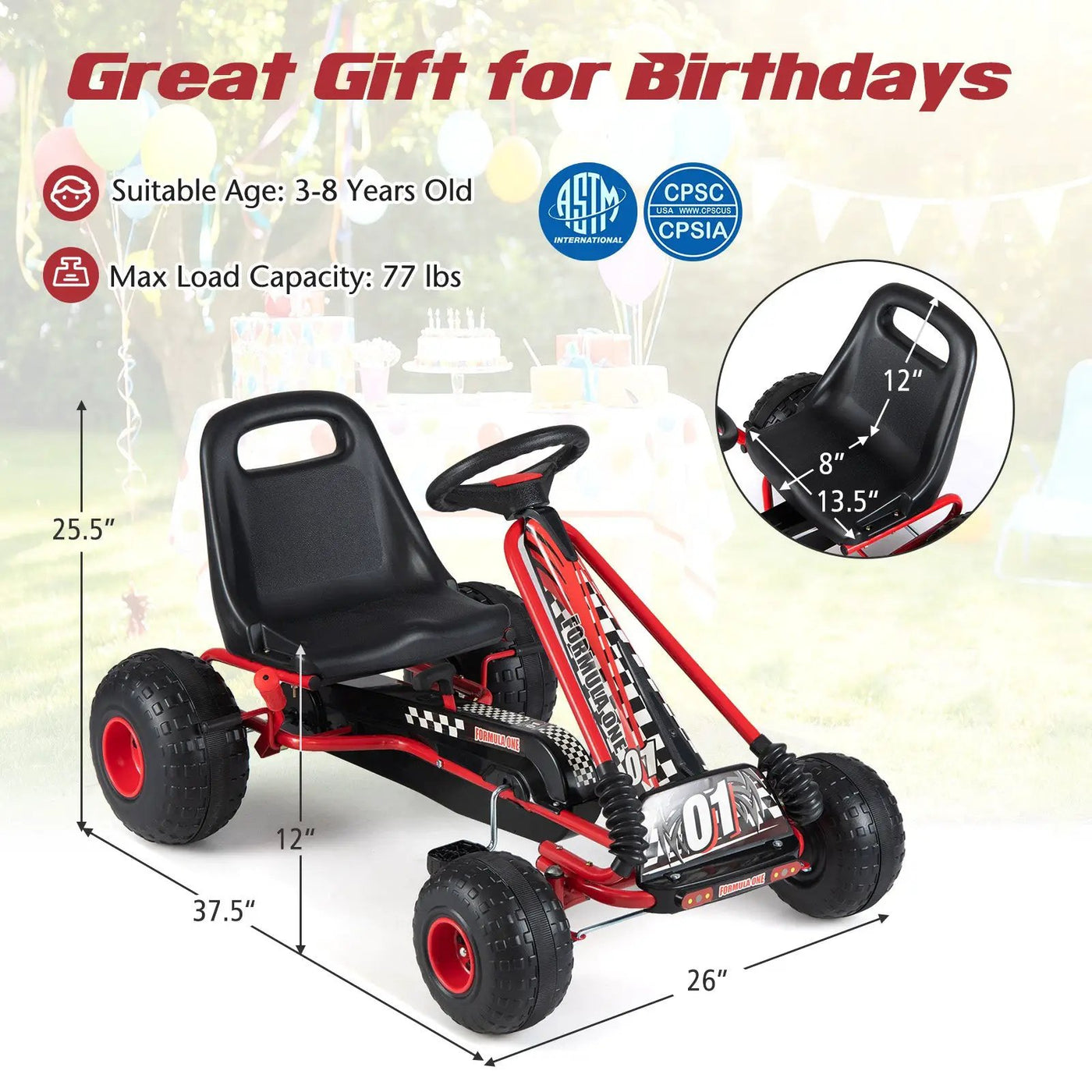 Go Kart for Kids 4 Wheels Pedal with Adjustable Seat and Multi-Terrain Wheels by DirectDeals
