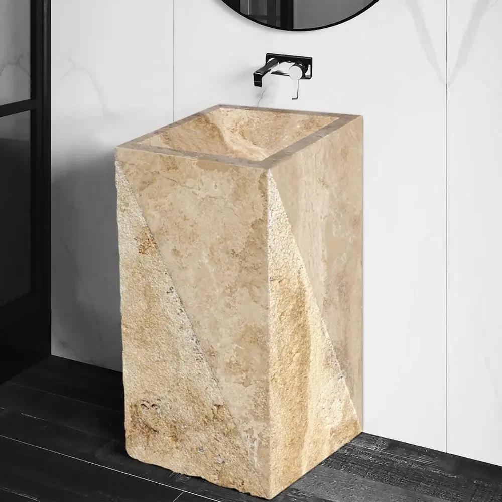 Gold Travertine Rectangular Pedestal Sink Honed 14x21.5x33.5 by GobekDesign