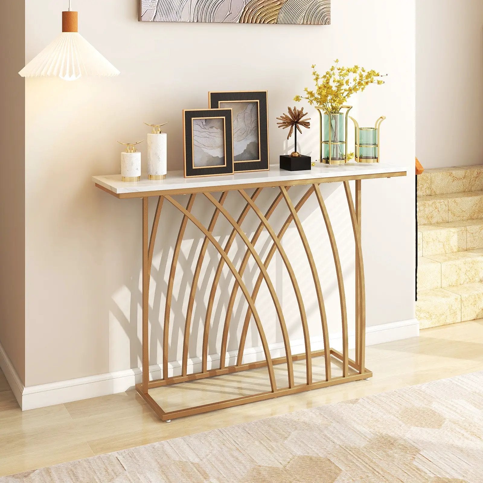 48 Inch Gold Console Table with White Faux Marble Tabletop-White by DirectDeals