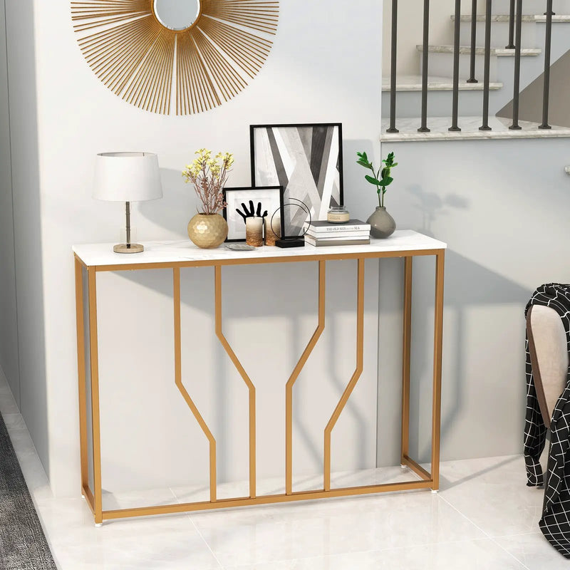 44 Inch Modern White Entryway Table with Faux Marble Tabletop-White by DirectDeals
