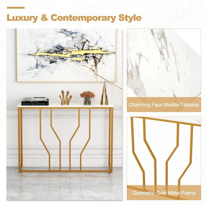 44 Inch Modern White Entryway Table with Faux Marble Tabletop-White by DirectDeals