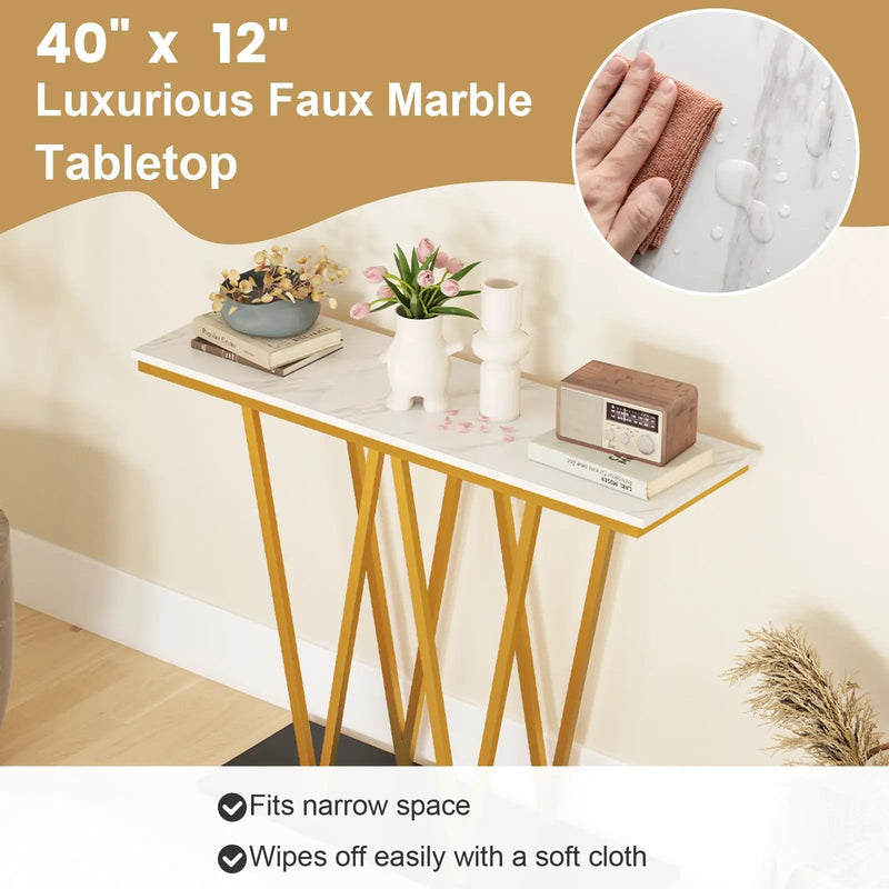 Gold Entryway Table 40 Inch Modern Console Table with Faux Marble Table and Metal Frame-White by DirectDeals