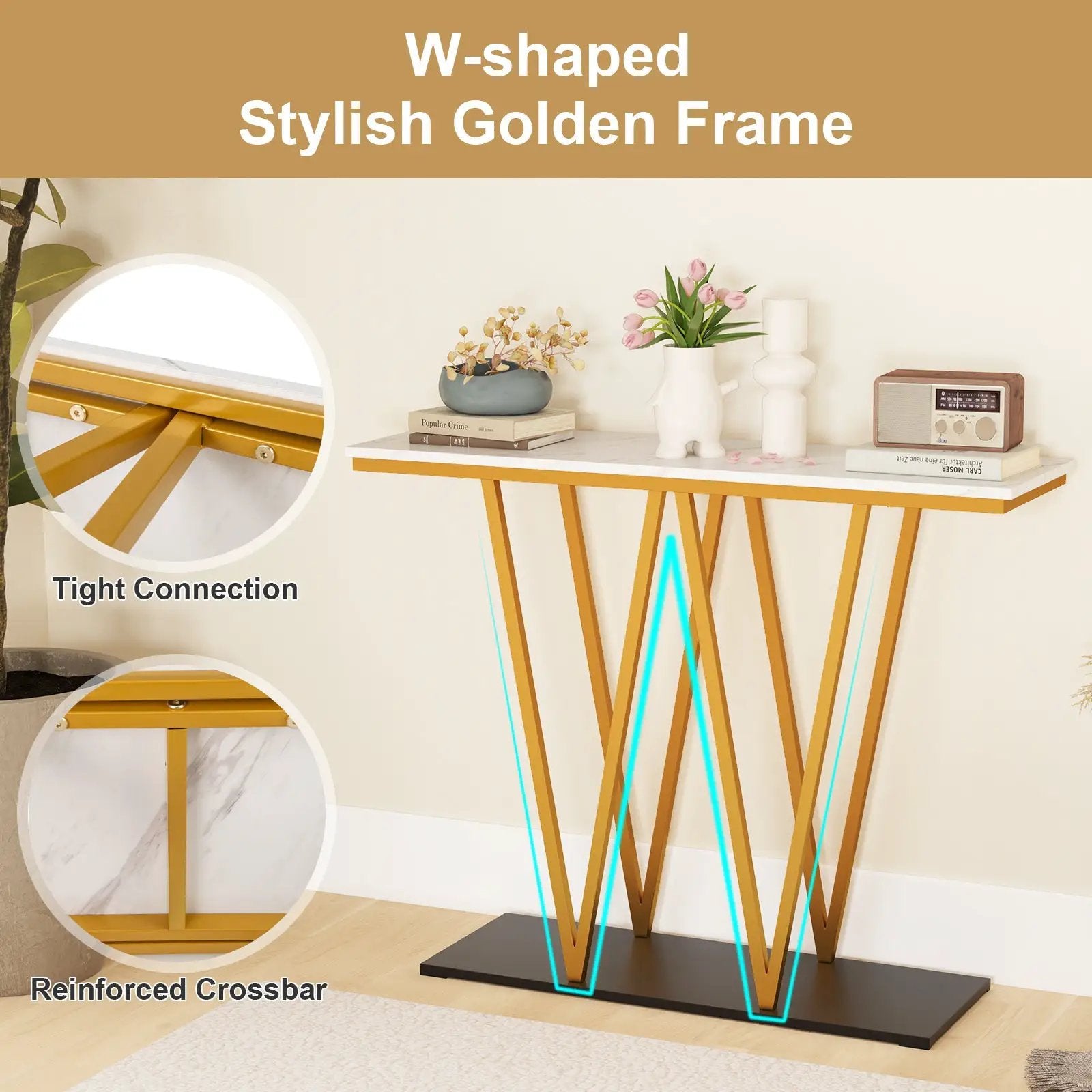 Gold Entryway Table 40 Inch Modern Console Table with Faux Marble Table and Metal Frame-White by DirectDeals