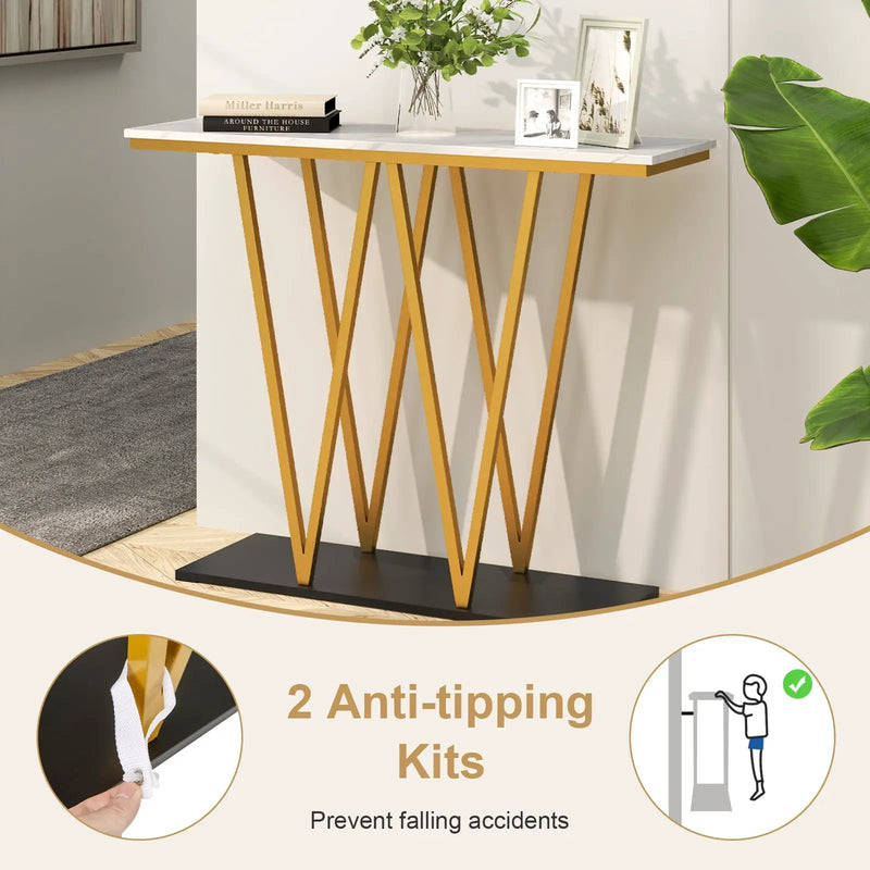 Gold Entryway Table 40 Inch Modern Console Table with Faux Marble Table and Metal Frame-White by DirectDeals