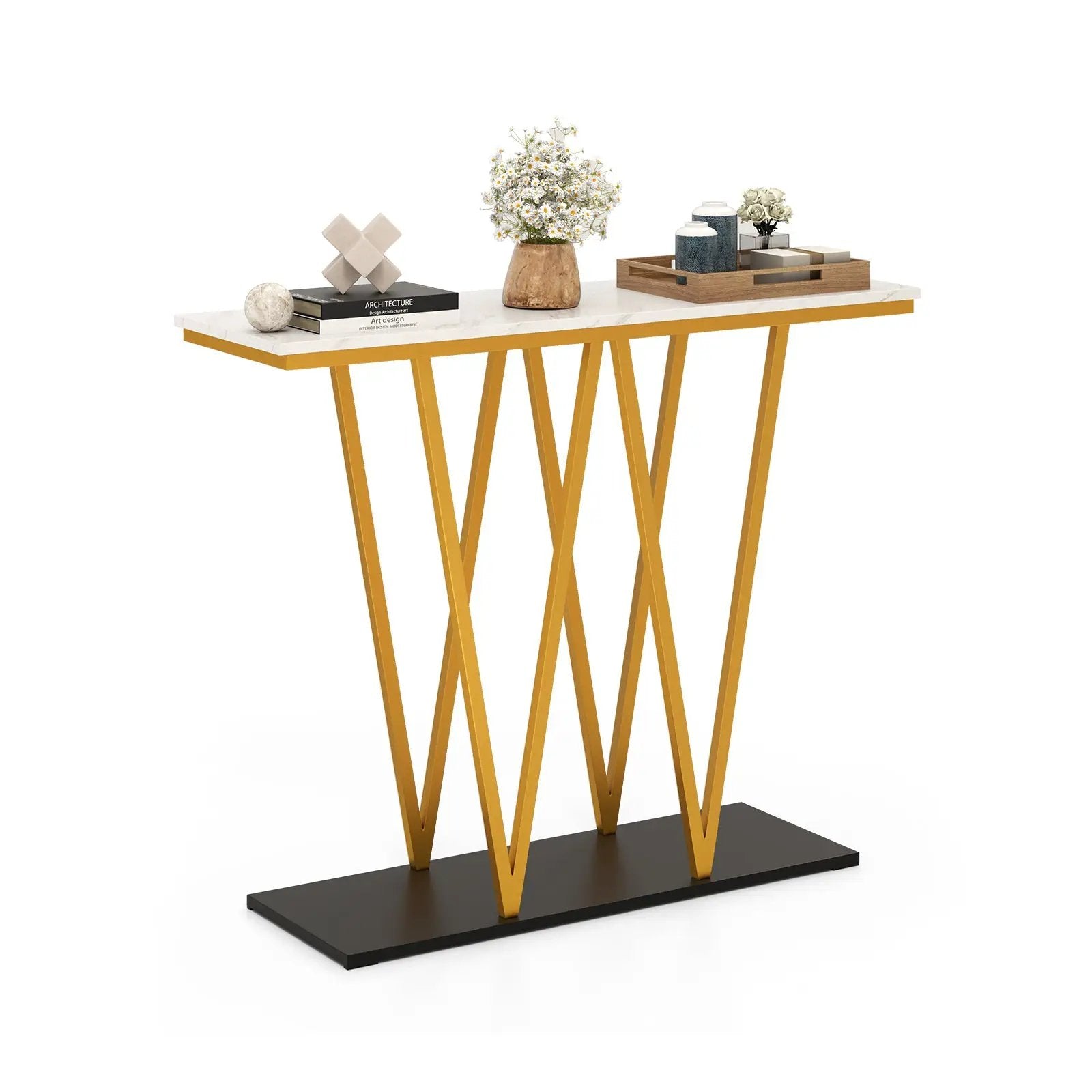 Gold Entryway Table 40 Inch Modern Console Table with Faux Marble Table and Metal Frame-White by DirectDeals