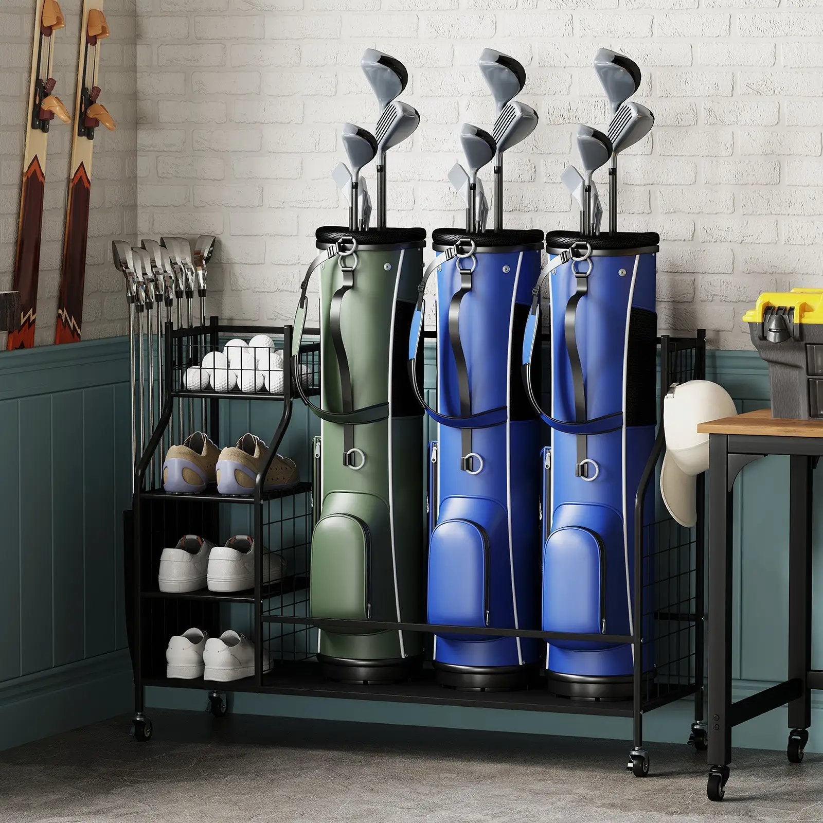Golf Bag Organizer 3 Golf Bag Stand with Lockable Wheels and Hooks-Black by DirectDeals