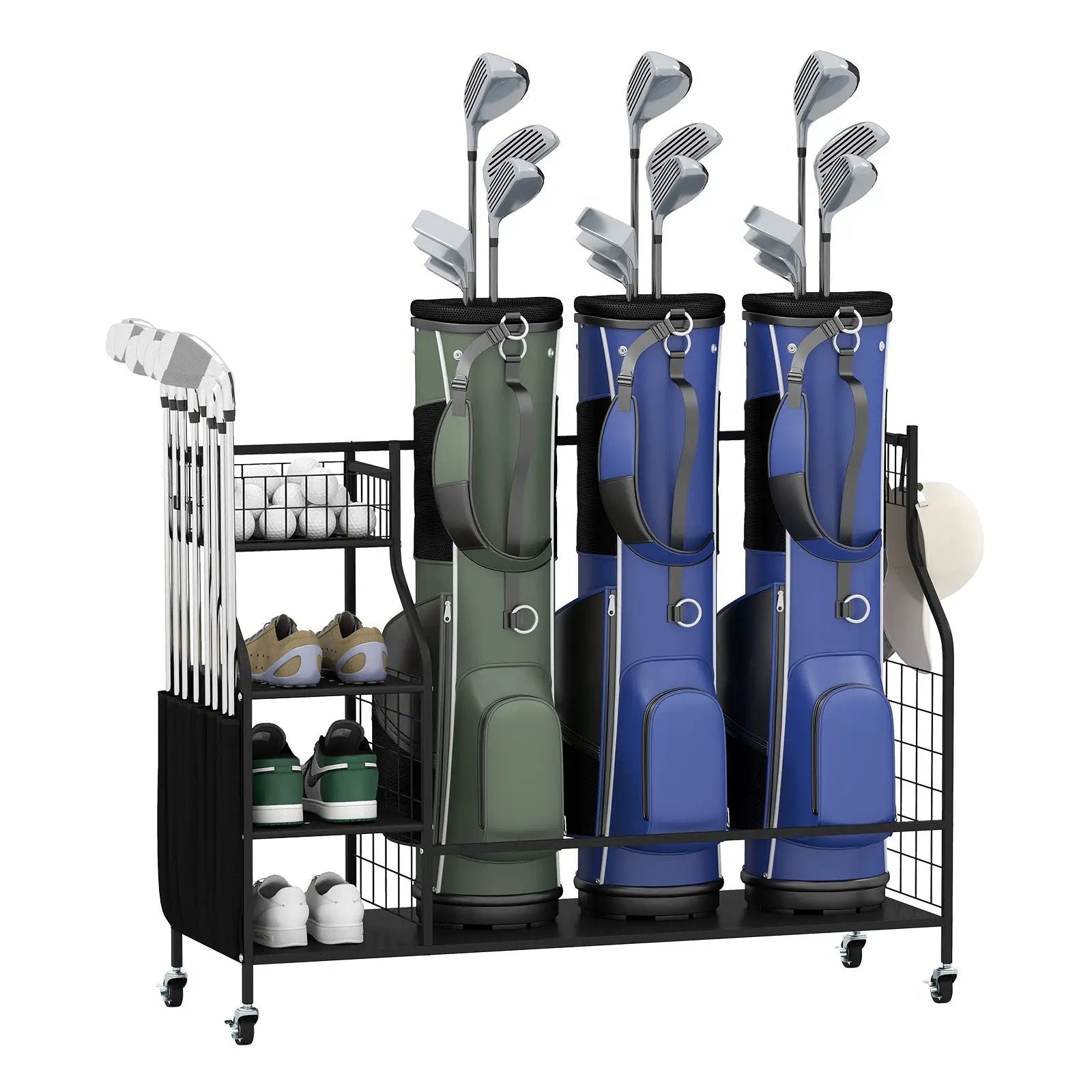 Golf Bag Organizer 3 Golf Bag Stand with Lockable Wheels and Hooks-Black by DirectDeals