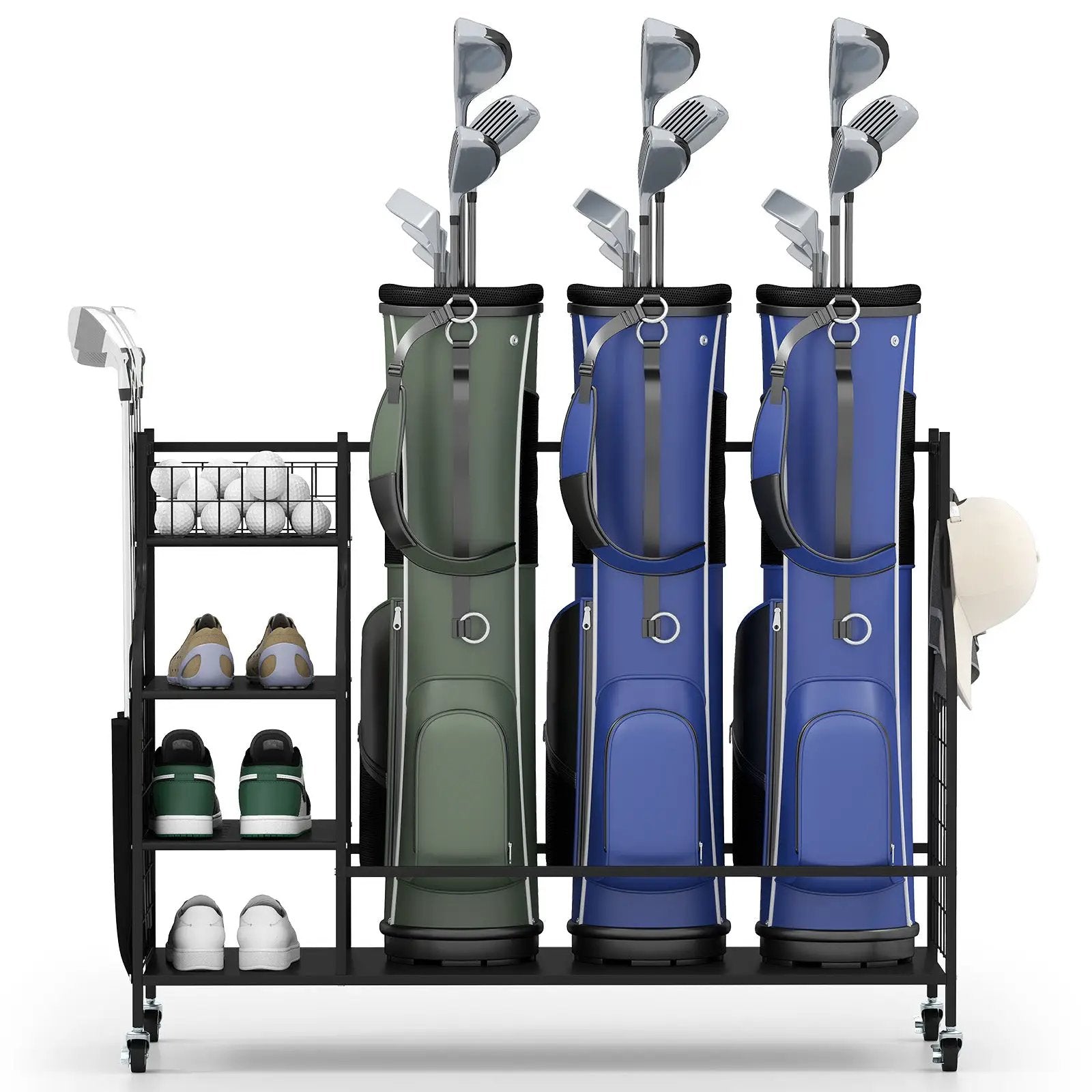 Golf Bag Organizer 3 Golf Bag Stand with Lockable Wheels and Hooks-Black by DirectDeals