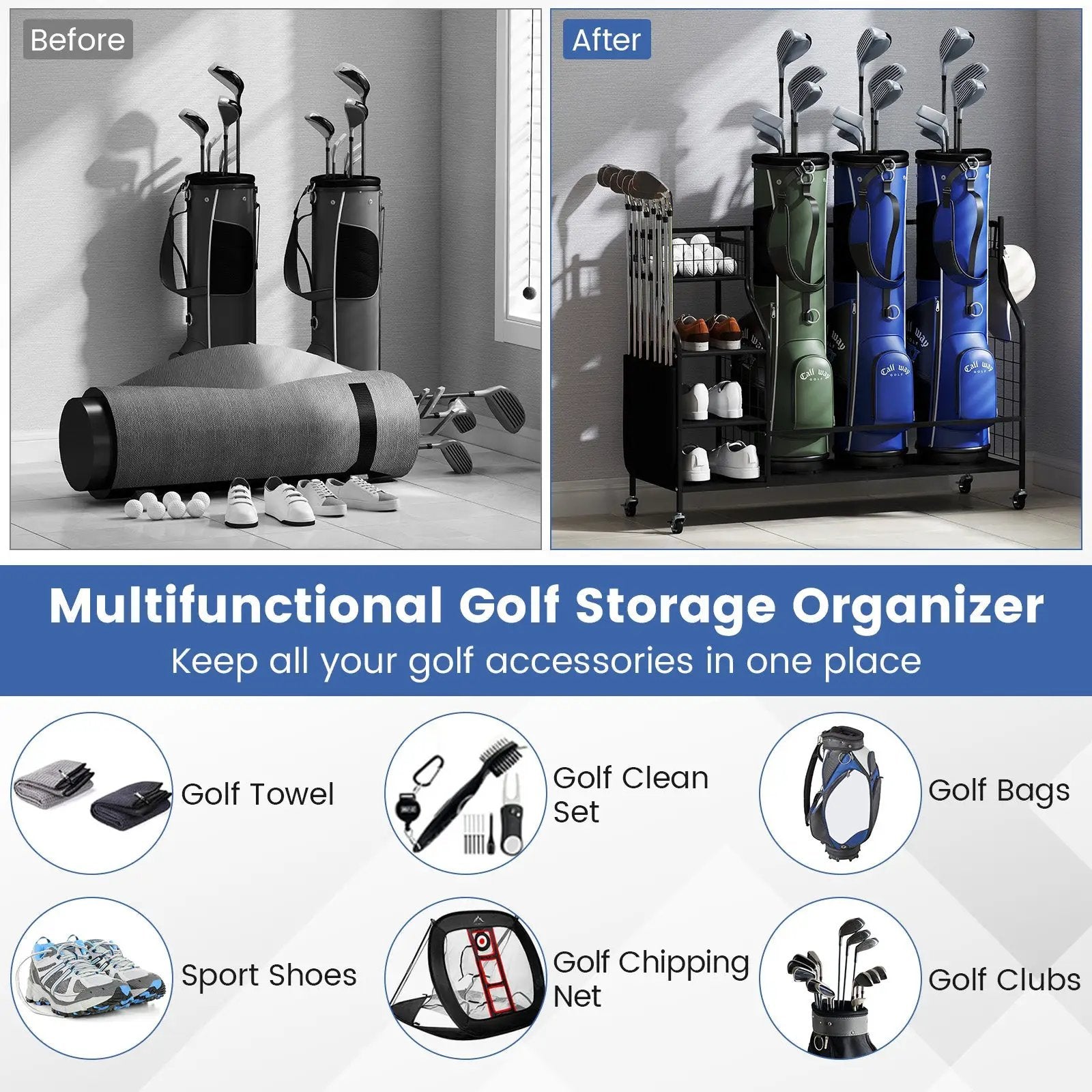 Golf Bag Organizer 3 Golf Bag Stand with Lockable Wheels and Hooks-Black by DirectDeals