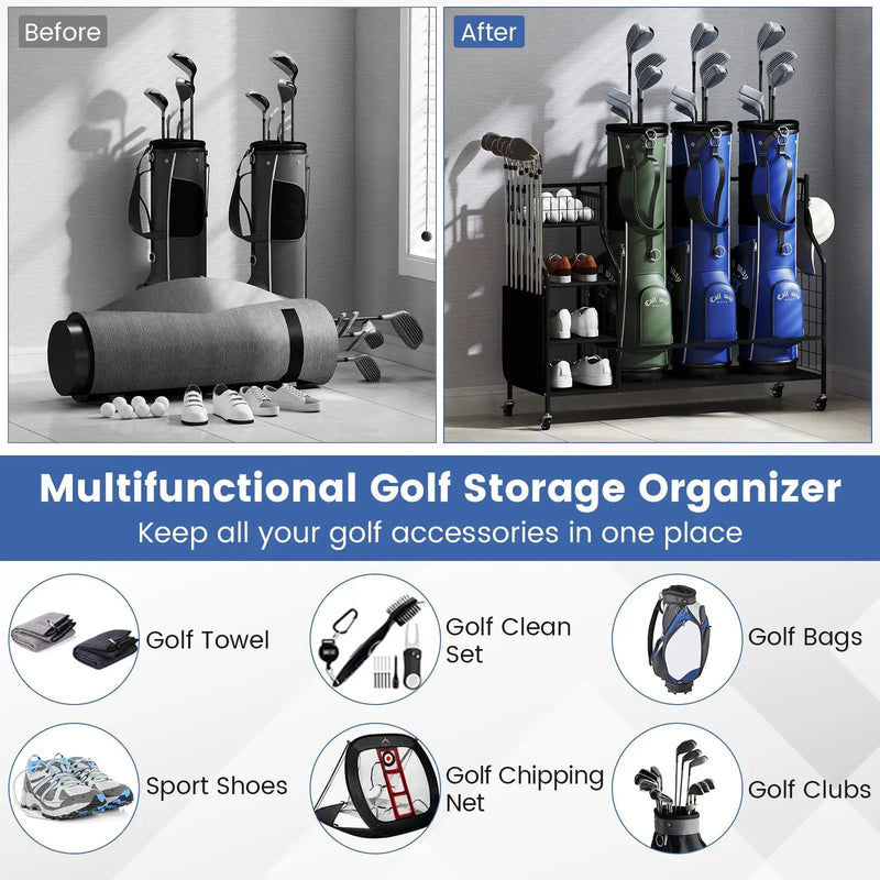 Golf Bag Organizer 3 Golf Bag Stand with Lockable Wheels and Hooks-Black by DirectDeals