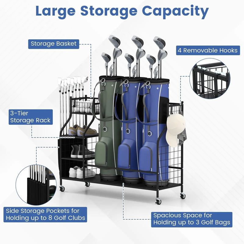 Golf Bag Organizer 3 Golf Bag Stand with Lockable Wheels and Hooks-Black by DirectDeals