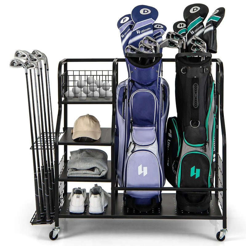 Golf Bag Organizer for 2 Golf Bags with Golf Clubs Rack and Lockable Wheels-Black by DirectDeals