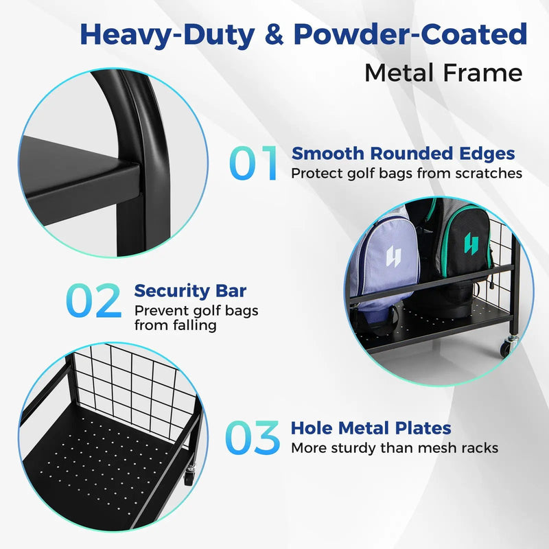 Golf Bag Organizer for 2 Golf Bags with Golf Clubs Rack and Lockable Wheels-Black by DirectDeals