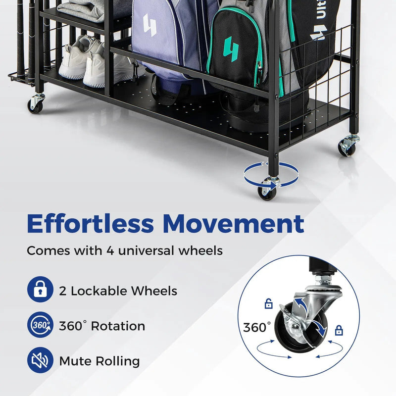 Golf Bag Organizer for 2 Golf Bags with Golf Clubs Rack and Lockable Wheels-Black by DirectDeals