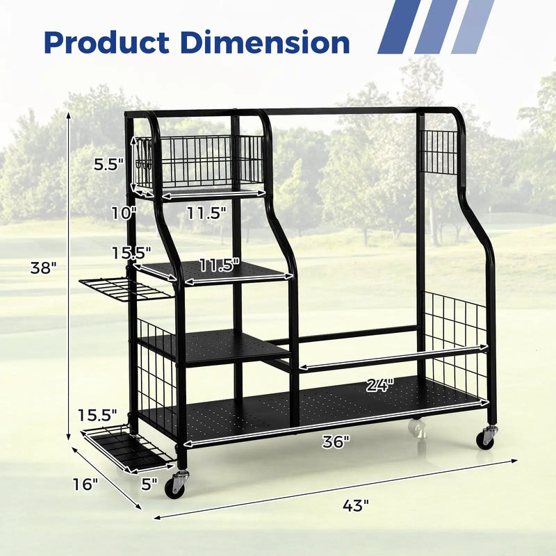 Golf Bag Organizer for 2 Golf Bags with Golf Clubs Rack and Lockable Wheels-Black by DirectDeals