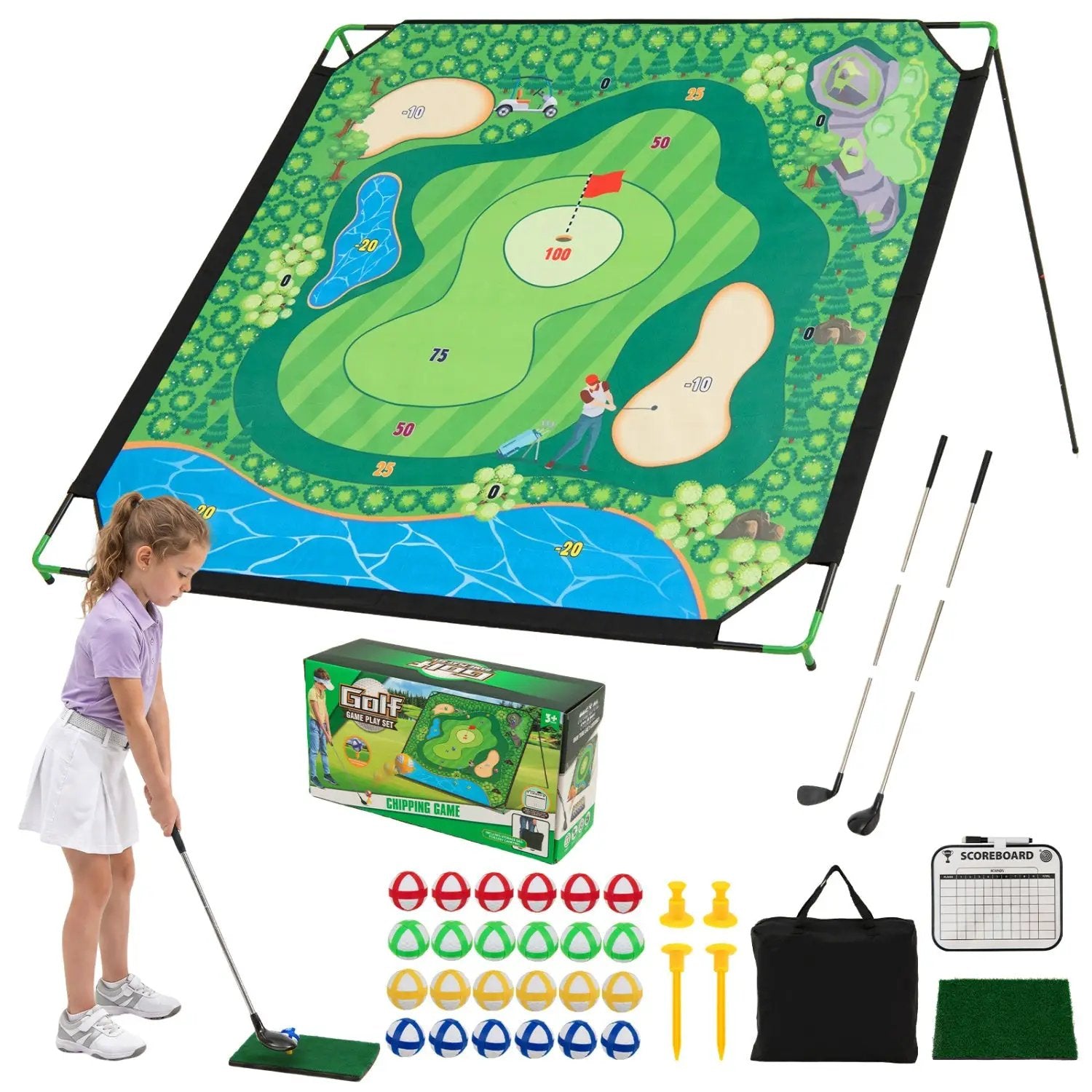 Golf Chipping Practice Net 71x71 Inch with Clubs and Balls by DirectDeals