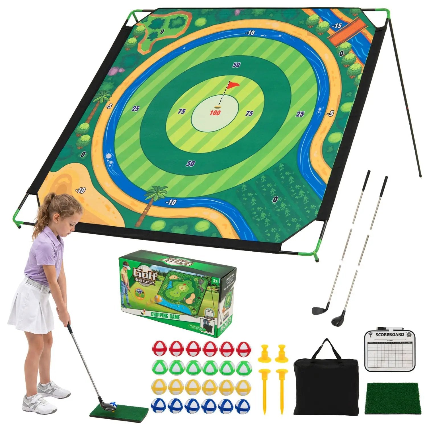 Golf Chipping Practice Set 71x71 Inch with Adjustable Clubs by DirectDeals