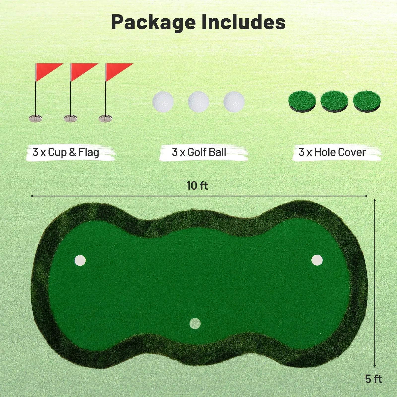 5 x 10 Feet Golf Practice Putting Green Mat with 3 Holes and Golf Balls for Home Office Backyard by DirectDeals
