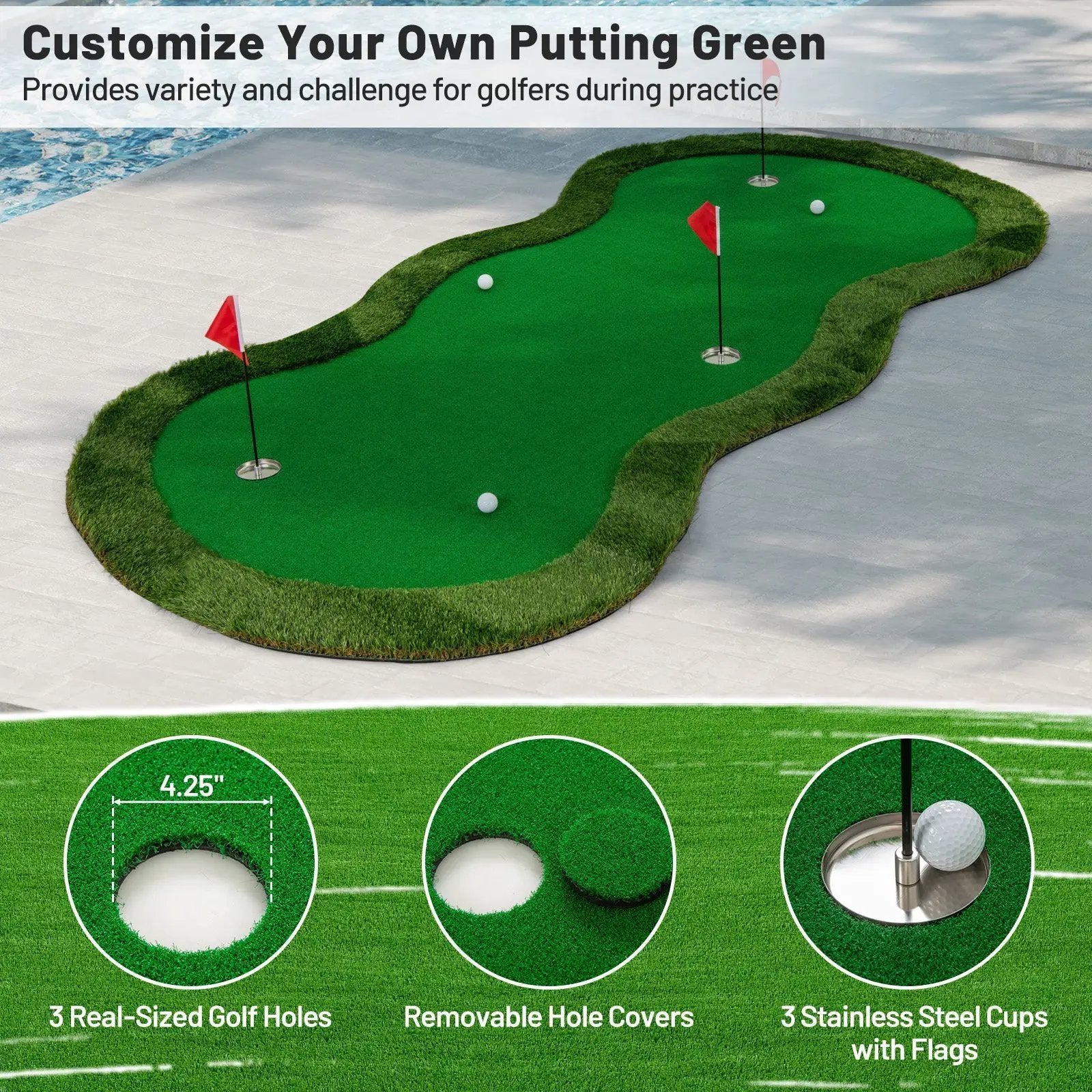 5 x 10 Feet Golf Practice Putting Green Mat with 3 Holes and Golf Balls for Home Office Backyard by DirectDeals