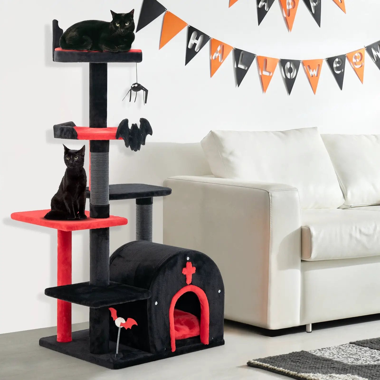 Gothic Cat Tree 53 Inch Tall Cat Tower with Cat Bed and Arch-Shaped Condo-Black by DirectDeals