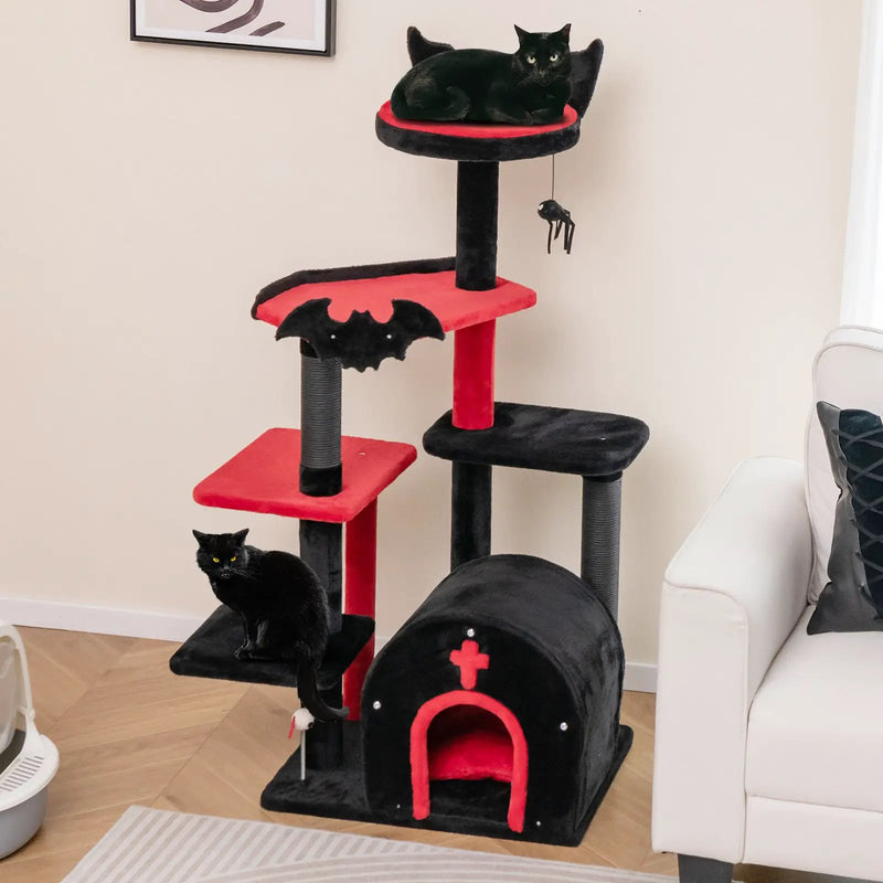 Gothic Cat Tree 53 Inch Tall Cat Tower with Cat Bed and Arch-Shaped Condo-Black by DirectDeals