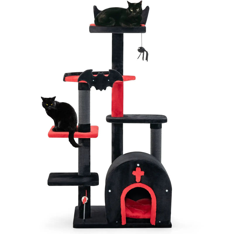 Gothic Cat Tree 53 Inch Tall Cat Tower with Cat Bed and Arch-Shaped Condo-Black by DirectDeals