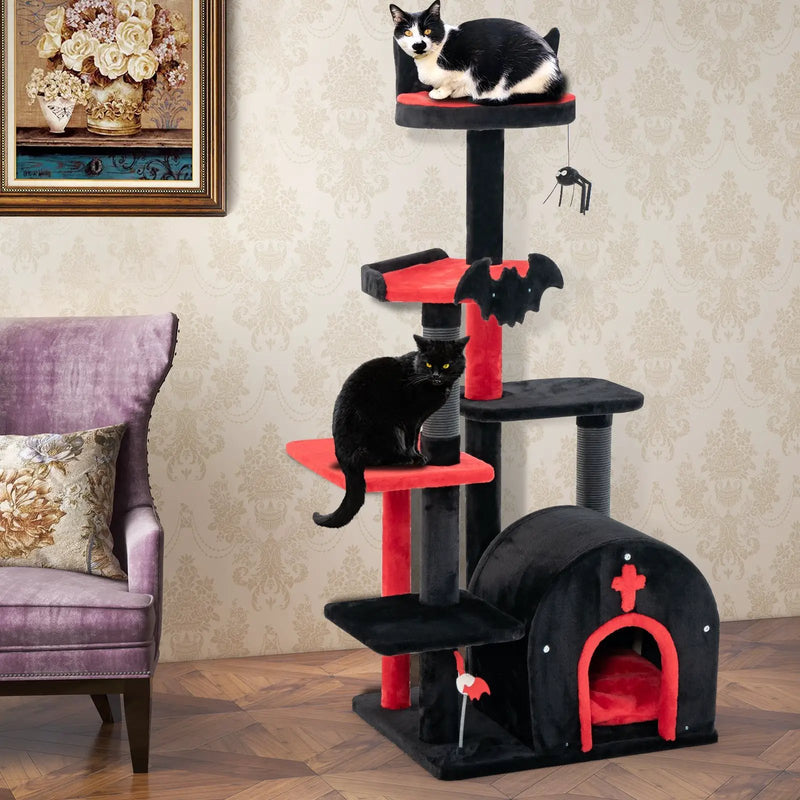 Gothic Cat Tree 53 Inch Tall Cat Tower with Cat Bed and Arch-Shaped Condo-Black by DirectDeals