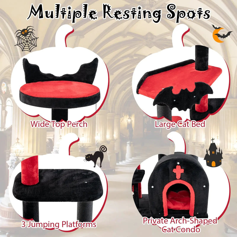 Gothic Cat Tree 53 Inch Tall Cat Tower with Cat Bed and Arch-Shaped Condo-Black by DirectDeals