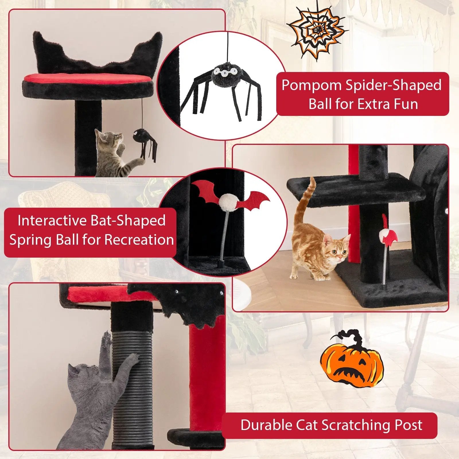 Gothic Cat Tree 53 Inch Tall Cat Tower with Cat Bed and Arch-Shaped Condo-Black by DirectDeals