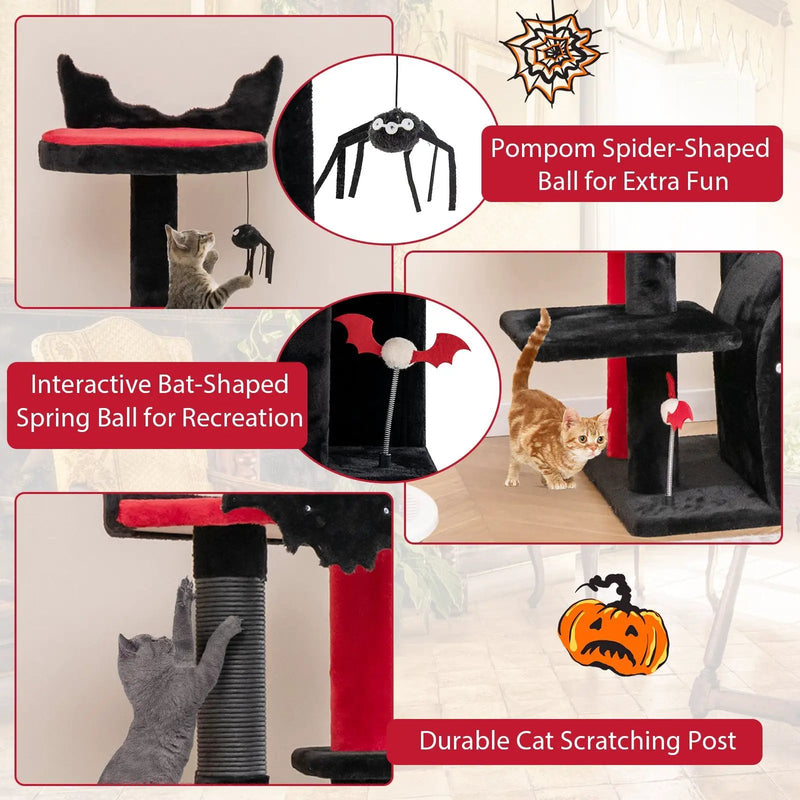 Gothic Cat Tree 53 Inch Tall Cat Tower with Cat Bed and Arch-Shaped Condo-Black by DirectDeals
